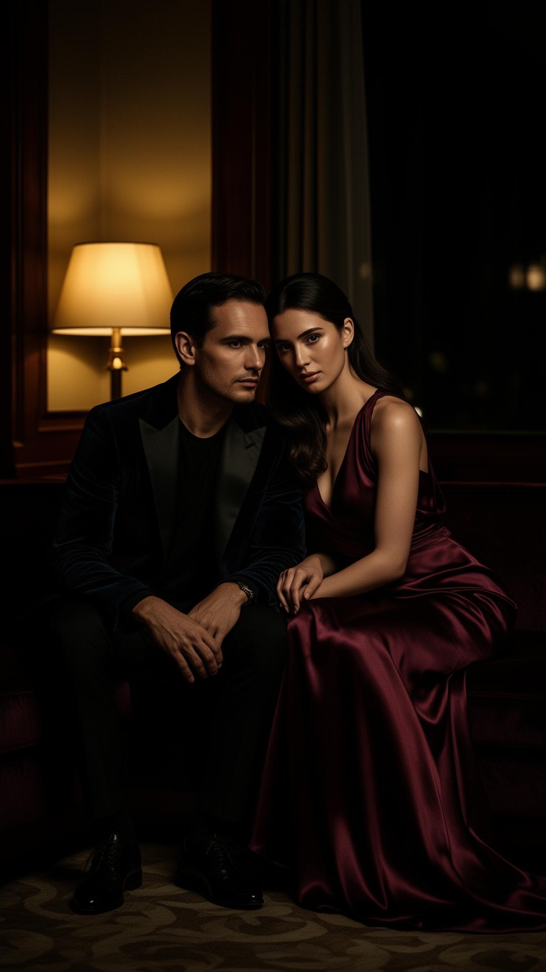 A couple seated together in a softly lit luxury hotel suite